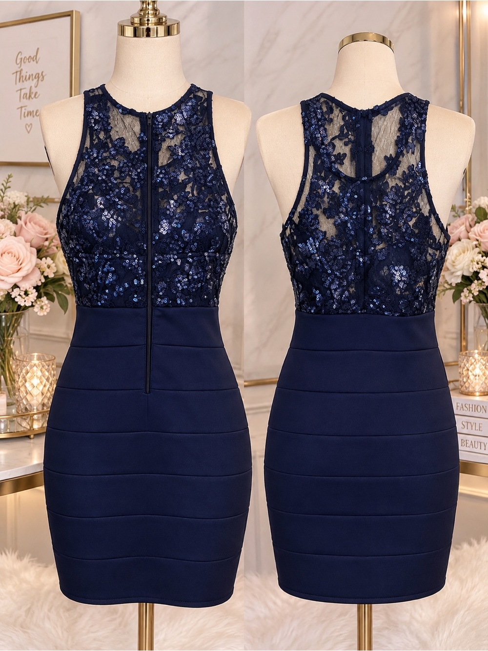 Sleeveless Navy Sequin Lace Bodycon Dress